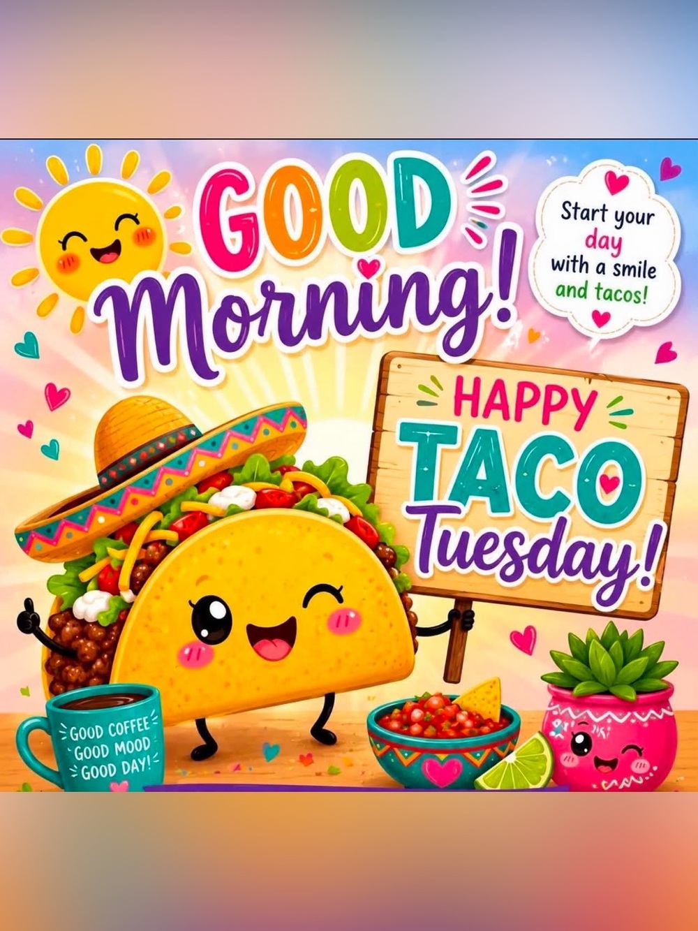 Good Morning! Happy Taco Tuesday Banner - Colorful Yellow Taco Design